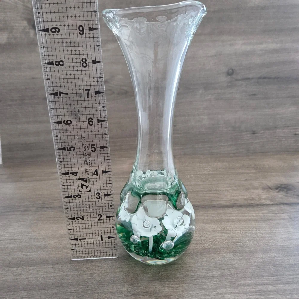 Bud Vase Clear White Green Floral Paperweight Base Ruffled Rim Hand-blown
